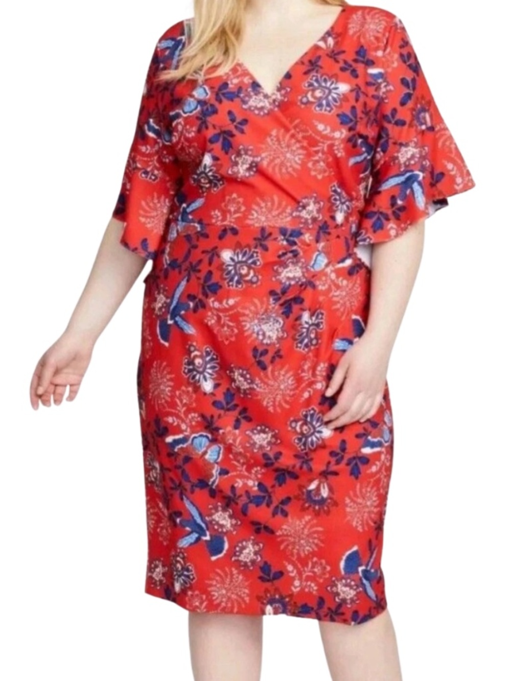 Rachel Roy Red Floral Bird Print Flutter Sleeve Dress